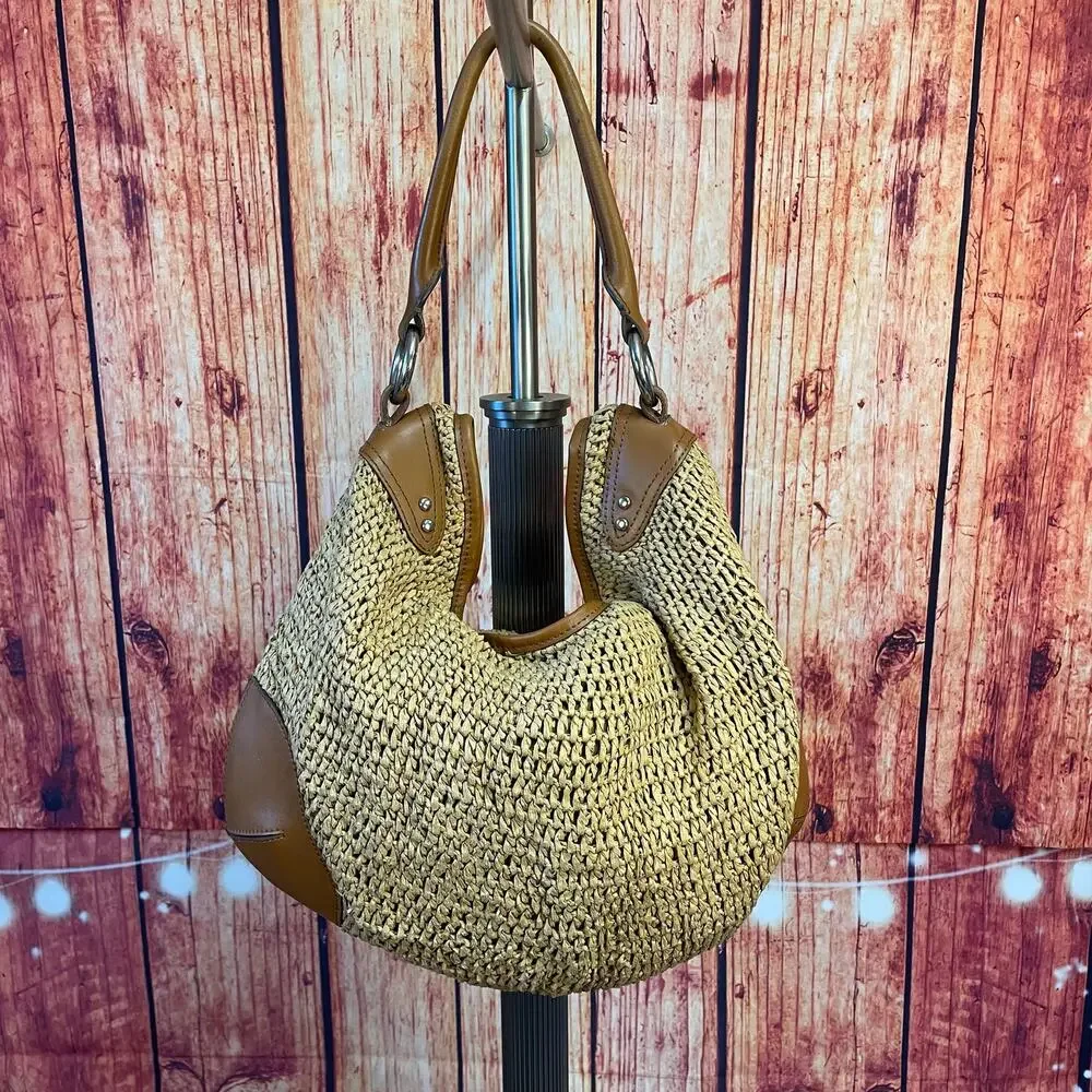 Lauren Ralph Lauren Straw Hobo Shoulder Bag Tan Brown Leather Trim Slouchy Purse
